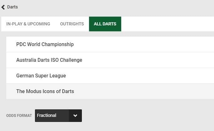 screenshot of all darts betting markets at Unibet