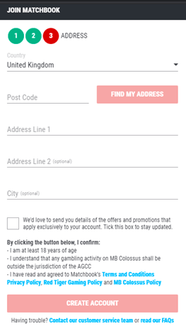 Matchbooks Sign Up step 3 - Address Fields